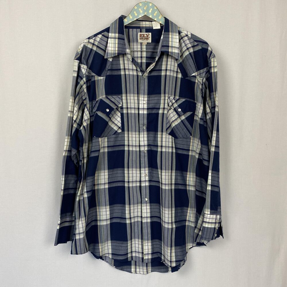 Ely Cattleman Western Pearl‎ Snap Shirt Mens 2XL Blue Plaid Long Sleeve Cowboy